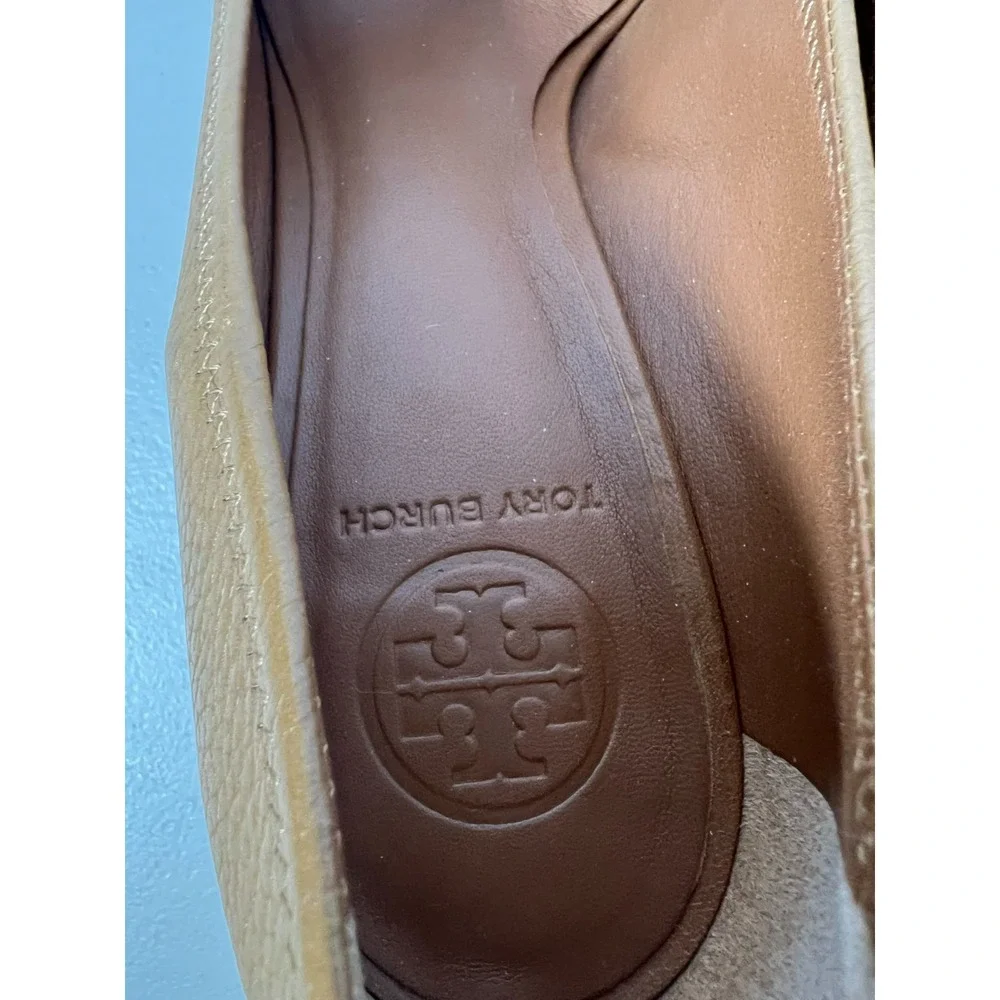 Tory Burch Peep Toe Sally Wedge Heels Pumps Gold Tan Size 9.5 M